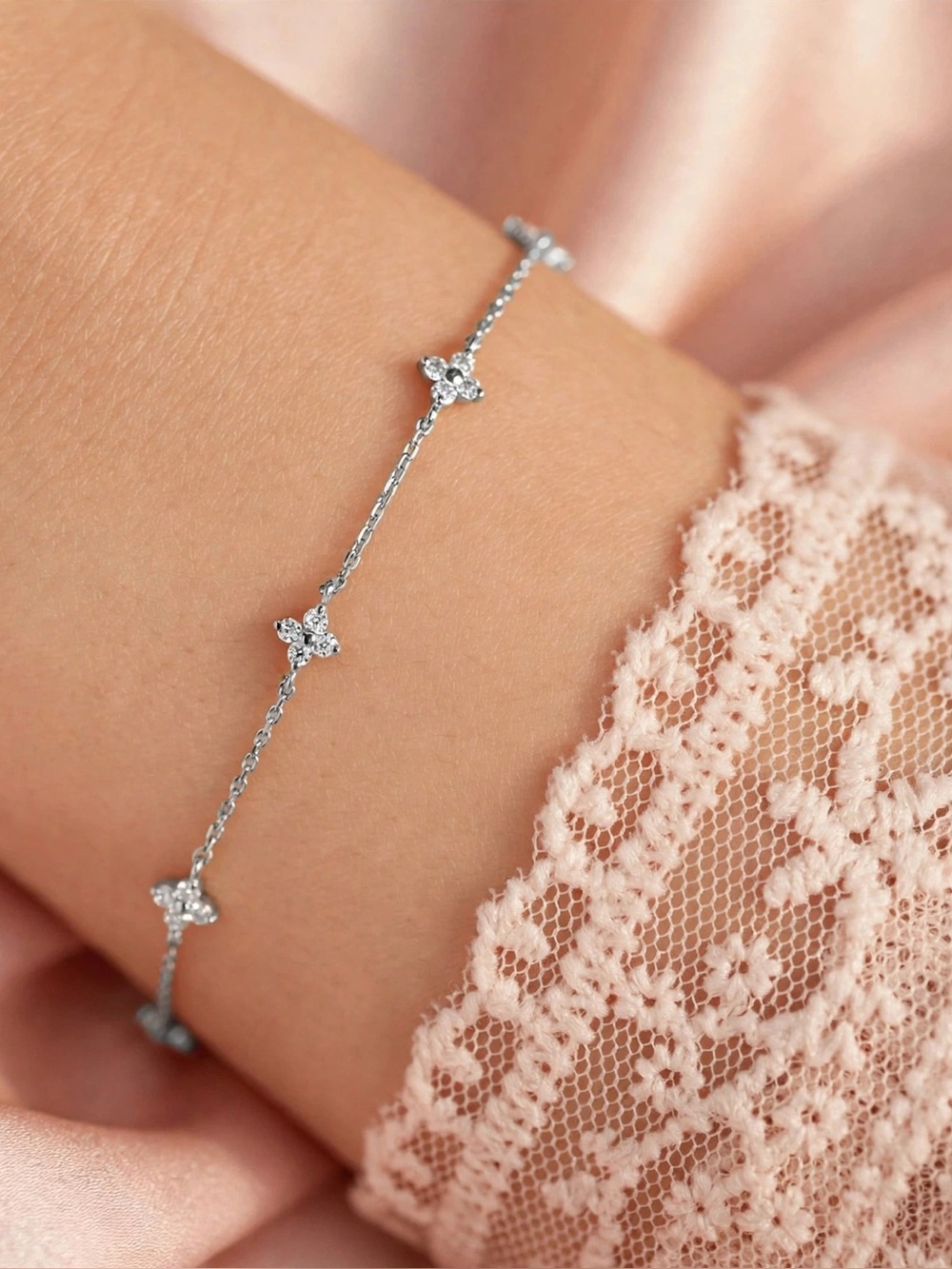 Silver Flower Station Bracelet — 925 Sterling Silver